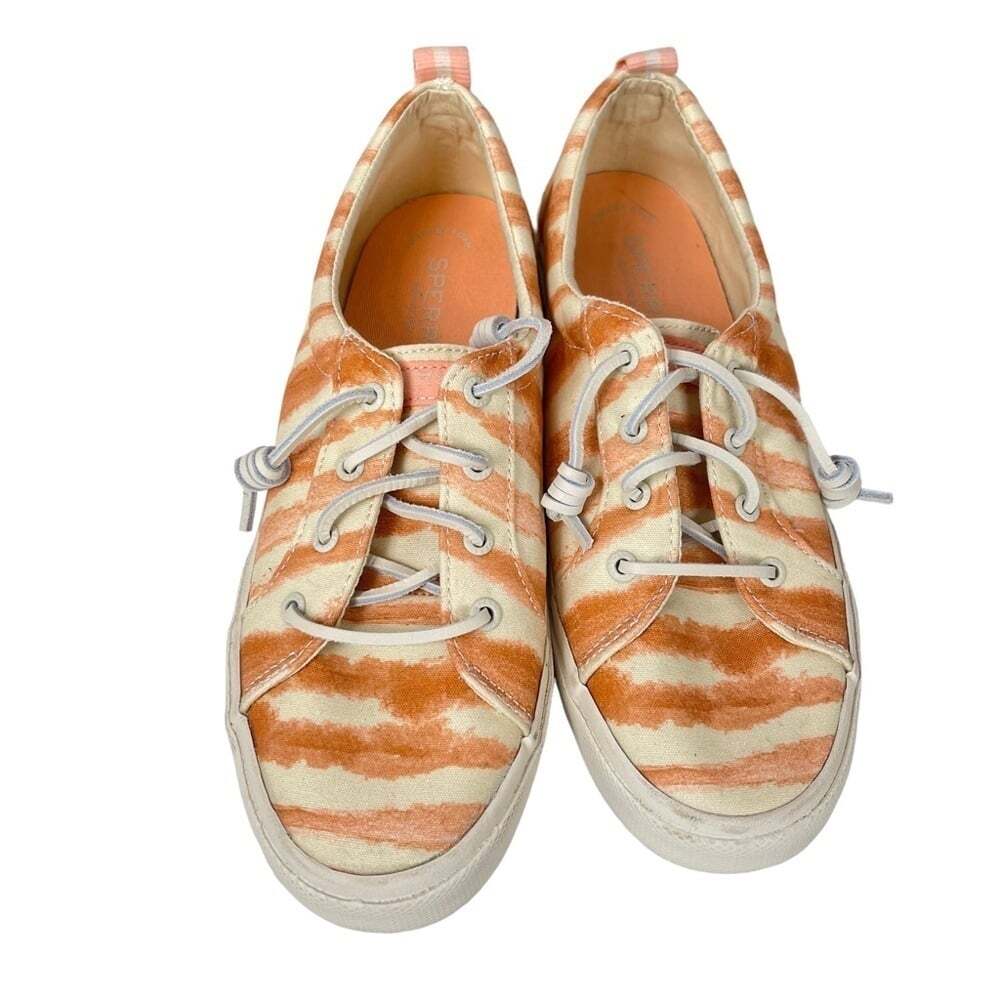Sperry Pier Wave LTT Orange Stripe Canvas Low Top Sneakers Womens 9 Coastal